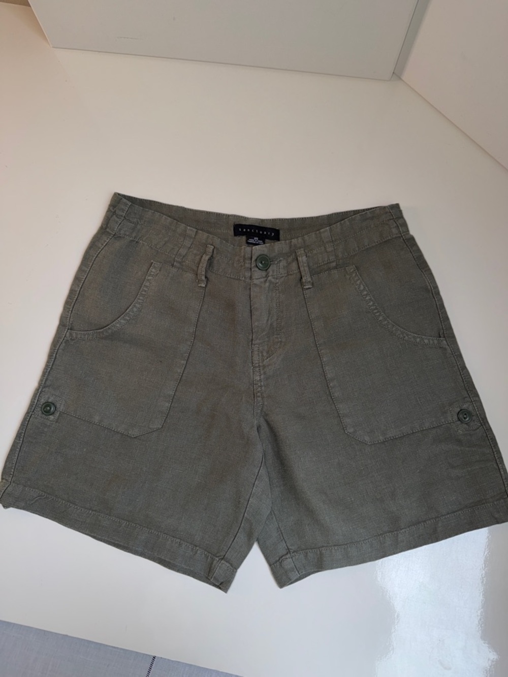 EUC Sanctuary Olive Green Linen Hopsack Cargo Shorts 25
